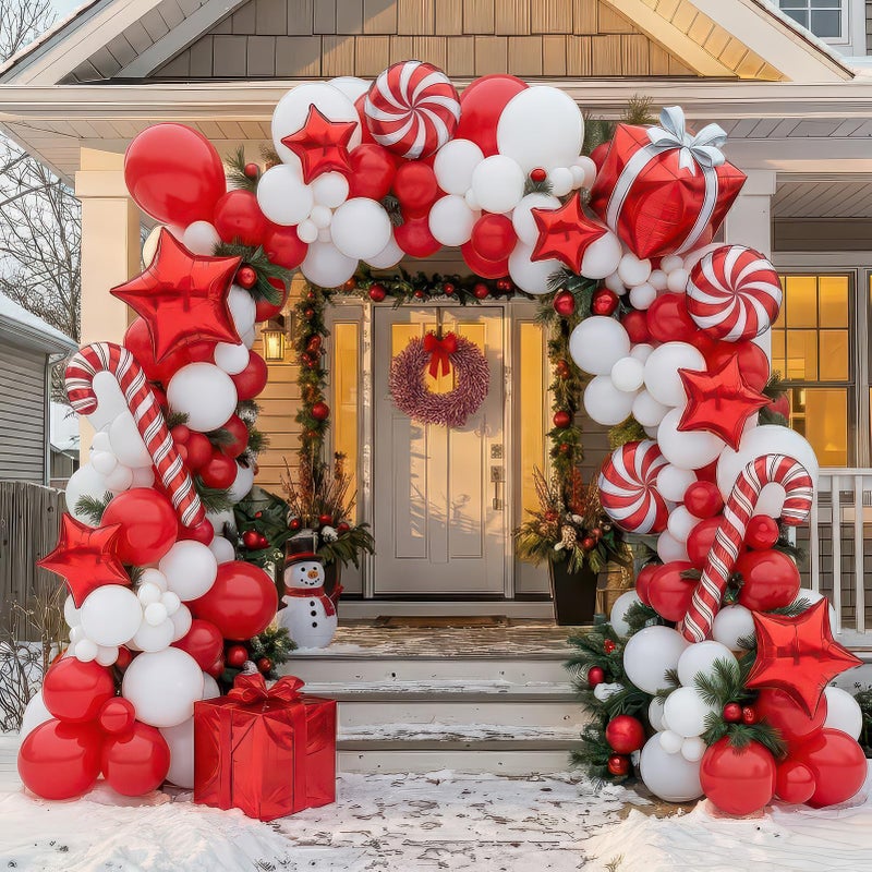 kozee Winter Christmas Red White Balloon Arch Kit with red Tinsel Garland Star Candy Cane Lollipop Gift box foil Balloons for Xmas Christmas New year eve Party Decorations - Image 3