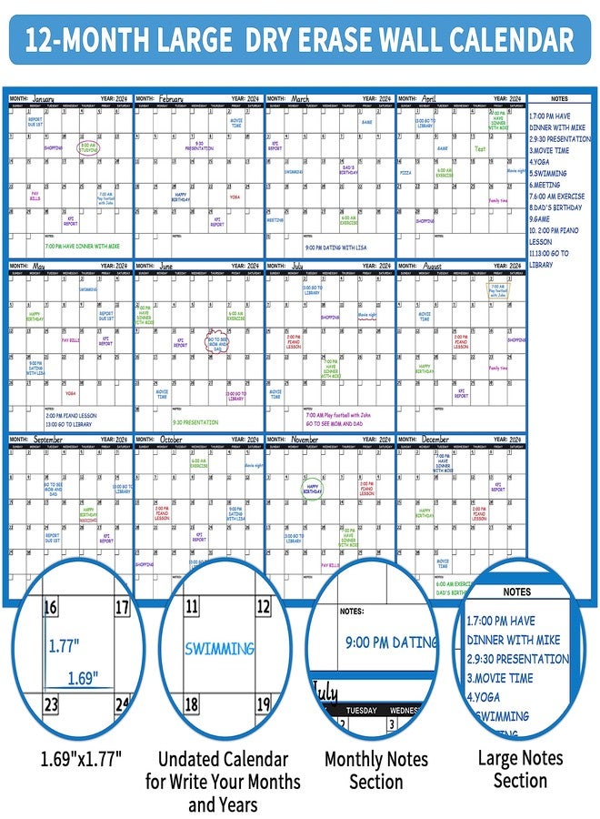 Lemome Large Dry Erase Calendar - Undated Wall Calendar Dry Erase, 58" x 37", 12-Month Dry Erase Calendar with 10 Round Stickers - Image 3