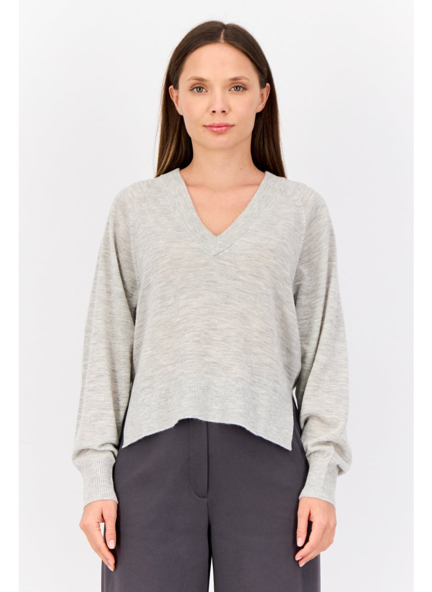 ESPRIT Women V-Neck Long Sleeves Heather Sweater, Grey  - Image 1