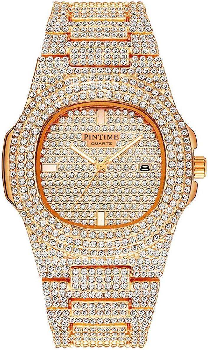 PINTIME Luxury Mens/Womens Unisex Diamond Watch Bling Iced-Out Watch Oblong Wristwatch Crystal Quartz Watch - Image 1
