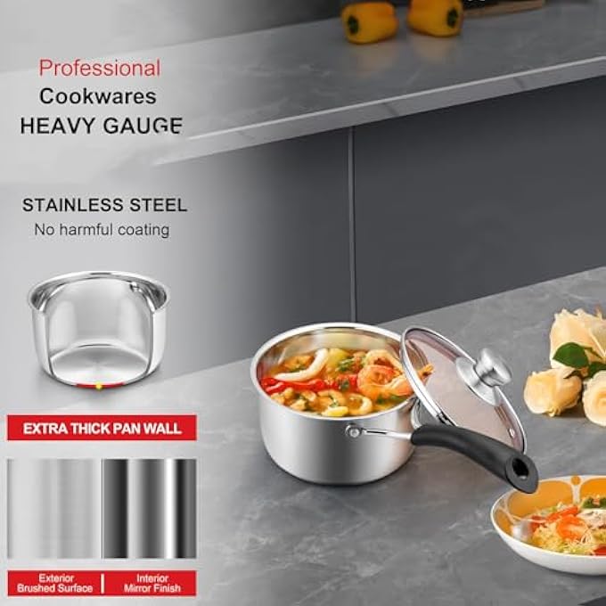 Azonee Stainless Steel Saucepan 19L Milk Pot With Glass Lid Suitable For Gas Electric Ceramic Cooktop Ideal For Boiling Stewing Heavy Duty With Bakelite Handle Dishwasher Safe Easy To Clean - Image 3