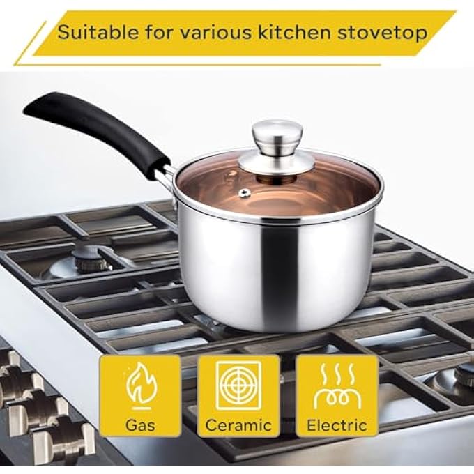Azonee Stainless Steel Saucepan 19L Milk Pot With Glass Lid Suitable For Gas Electric Ceramic Cooktop Ideal For Boiling Stewing Heavy Duty With Bakelite Handle Dishwasher Safe Easy To Clean - Image 4