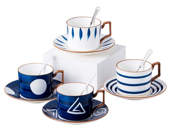 JAPANESE STYLE HAND PRINTED 7OZ FINE CHINA TEA CUPCOFFEE CUP WITH SPOON AND TRAYSAUCER SET TABLEWARE SERVE OF 4 TCS25