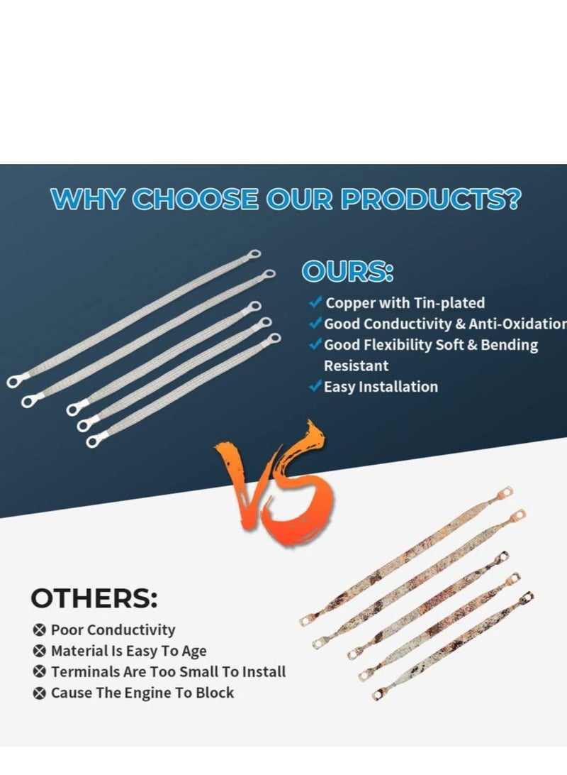 SYOSI Universal Flat Braided Copper Ground Strap,Professional Vehicle Grounding Cable Straps with Terminals Plugs,Tinplate Silver Color Automotive Engine Copper Ground Strap for Most Cars(5 PCS) - Image 5