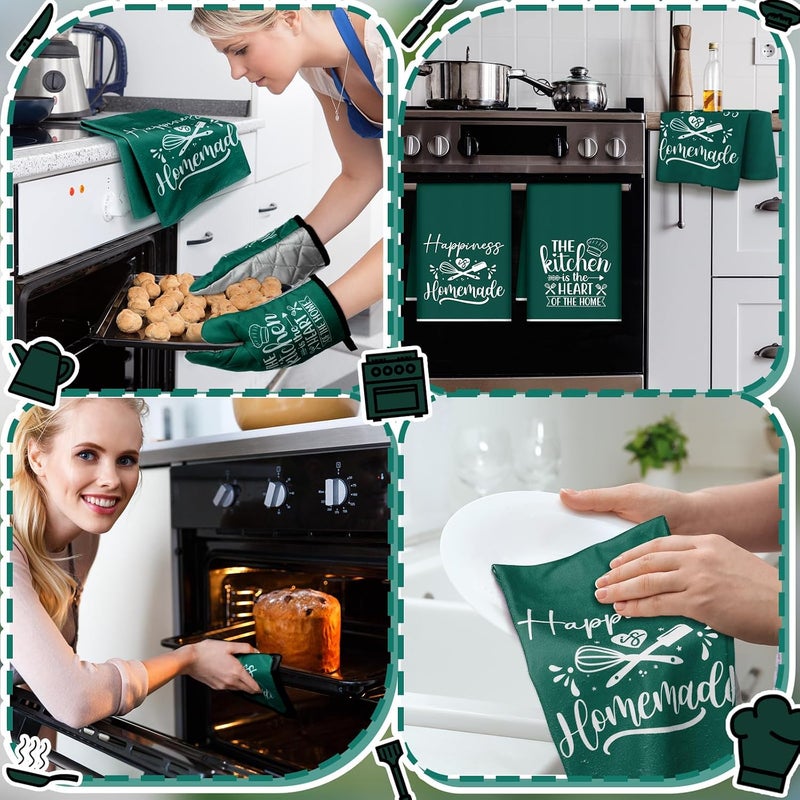 Sratte 6 Pcs Kitchen Decor Accessories Set Farmhouse Towels Pot Holders Oven Mitts Set 2 Dish Towels 2 Potholders 2 Cooking Mittens Oven Glove for Christmas Baking Cooking(Dark Green,Kitchen) - Image 5