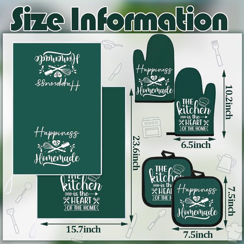Sratte 6 Pcs Kitchen Decor Accessories Set Farmhouse Towels Pot Holders Oven Mitts Set 2 Dish Towels 2 Potholders 2 Cooking Mittens Oven Glove for Christmas Baking Cooking(Dark Green,Kitchen) - Image 4
