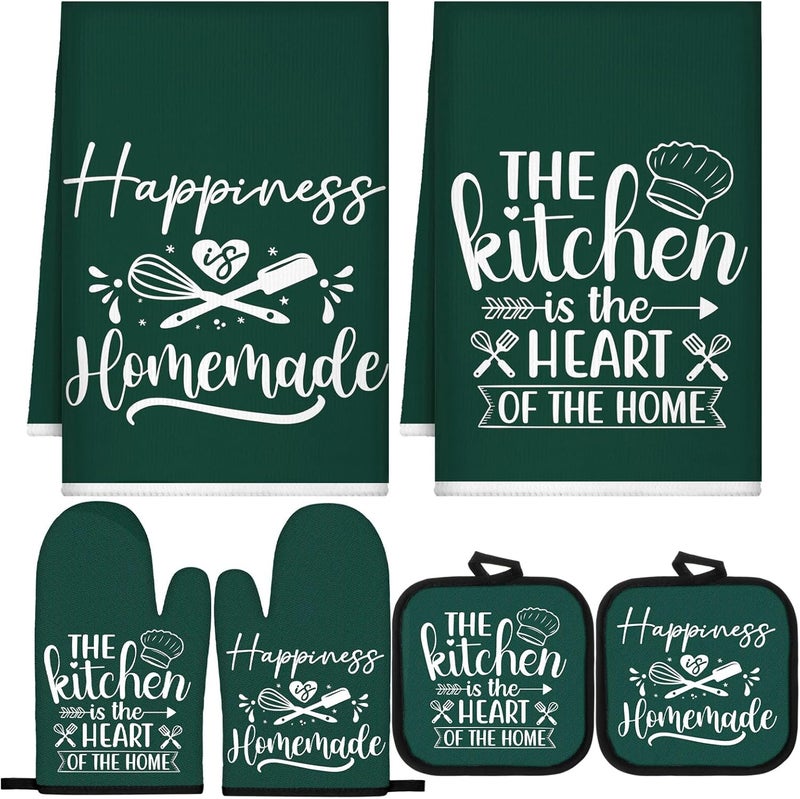 Sratte 6 Pcs Kitchen Decor Accessories Set Farmhouse Towels Pot Holders Oven Mitts Set 2 Dish Towels 2 Potholders 2 Cooking Mittens Oven Glove for Christmas Baking Cooking(Dark Green,Kitchen) - Image 1