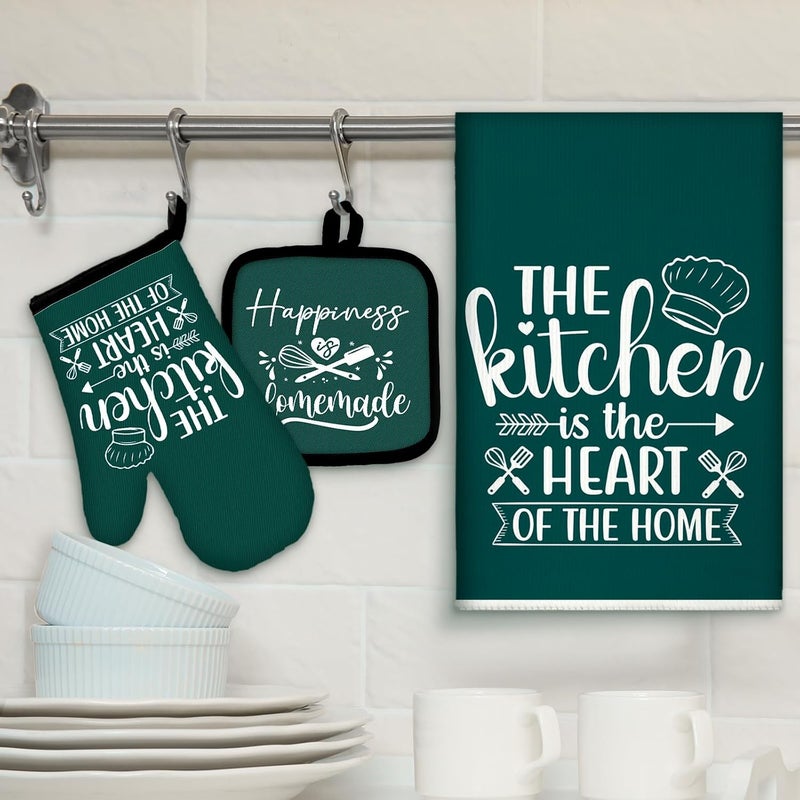 Sratte 6 Pcs Kitchen Decor Accessories Set Farmhouse Towels Pot Holders Oven Mitts Set 2 Dish Towels 2 Potholders 2 Cooking Mittens Oven Glove for Christmas Baking Cooking(Dark Green,Kitchen) - Image 2