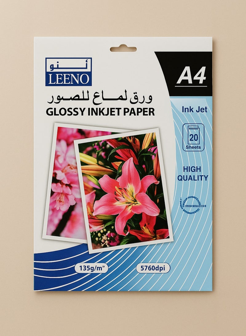 Leeno Glossy Inkjet Photo Paper – A4 Size (210×297 mm), 20 Sheets, 135 GSM, High Quality Printing Paper for Photos, School Projects & Office Use - Image 1