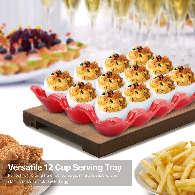 فليكسزيون حامل بيض سيراميك من فليكسيون للثلاجة - 12 كوبًا من صينية البيض كاملة دزينة من البورسلين، منظم تخزين، حامل تقديم مزخرف، أدوات تقديم للمطبخ على سطح الطاولة (أحمر) - Image 5