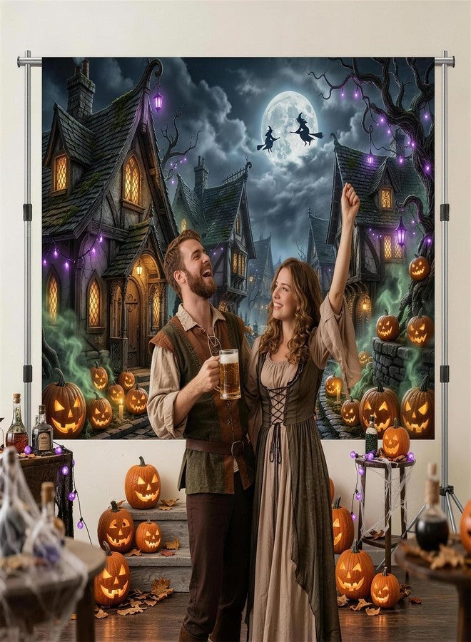Mocsicka Scary Halloween Backdrop Haunted House Evil Village Pumpkin Background for Halloween Party Decorations Photo Booth Props Spooky Happy Halloween Banner (7x5ft (82x60 inch)) - Image 3