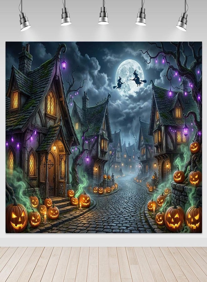 Mocsicka Scary Halloween Backdrop Haunted House Evil Village Pumpkin Background for Halloween Party Decorations Photo Booth Props Spooky Happy Halloween Banner (7x5ft (82x60 inch)) - Image 1