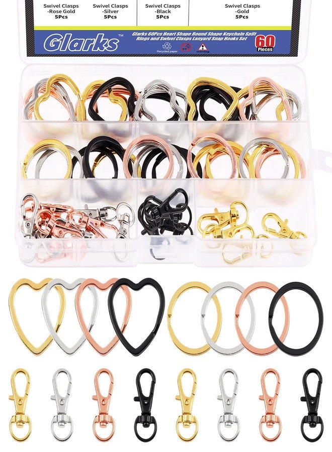 Glarks 60Pcs Flat Key Chain Ring Kit, 4 Colors Creative Heart Shape and Round Shape Keychain Split Key Rings with Swivel Clasps Lanyard Snap Hook for Car Home Keys Organization, Arts Crafts, Lanyards - Image 1
