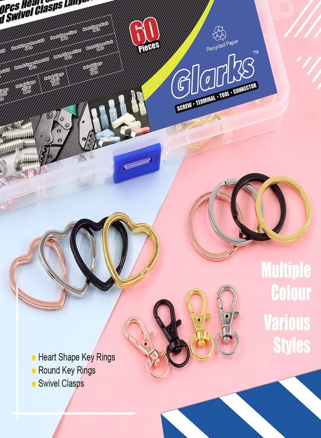 Glarks 60Pcs Flat Key Chain Ring Kit, 4 Colors Creative Heart Shape and Round Shape Keychain Split Key Rings with Swivel Clasps Lanyard Snap Hook for Car Home Keys Organization, Arts Crafts, Lanyards - Image 3