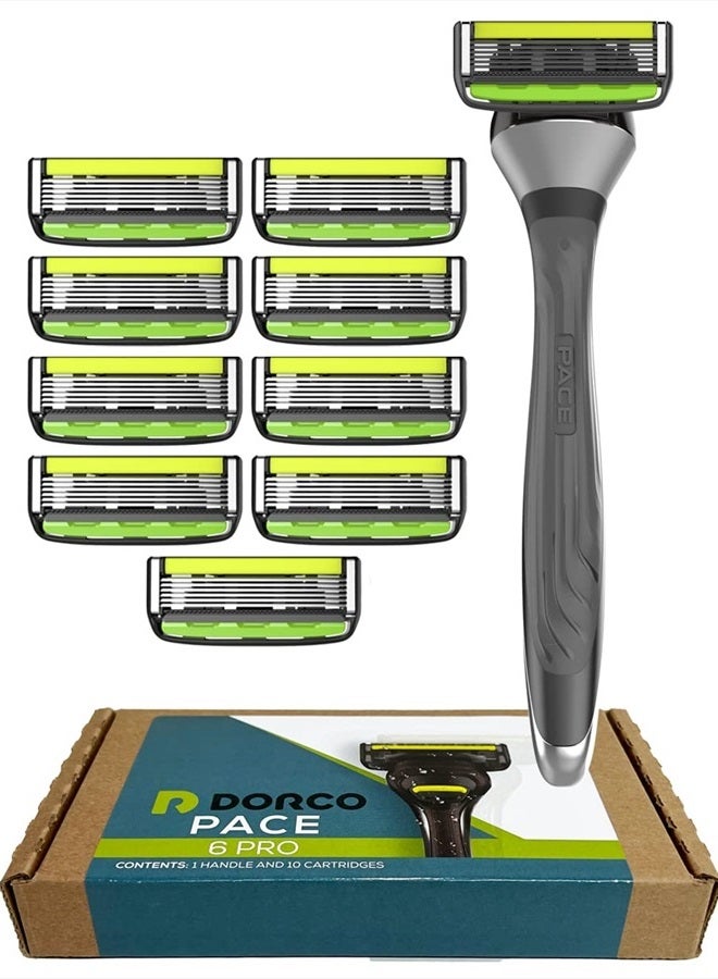 Dorco Pace 6 Pro - Six Blade Razor System with Trimmer - 10 Pack (1 Handle + 10 Cartridges) - Image 1