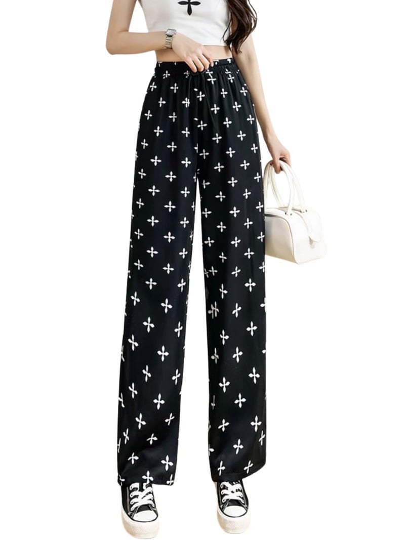 Celary Korean Women Printed Wide Leg Palazzo Pants - Mid Waist Elastic Casual Trousers - Image 1
