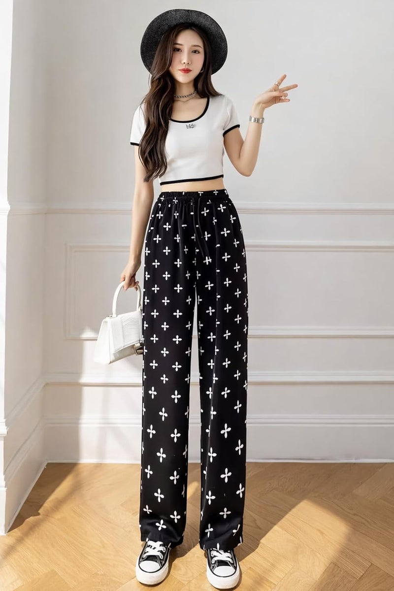 Celary Korean Women Printed Wide Leg Palazzo Pants - Mid Waist Elastic Casual Trousers - Image 2