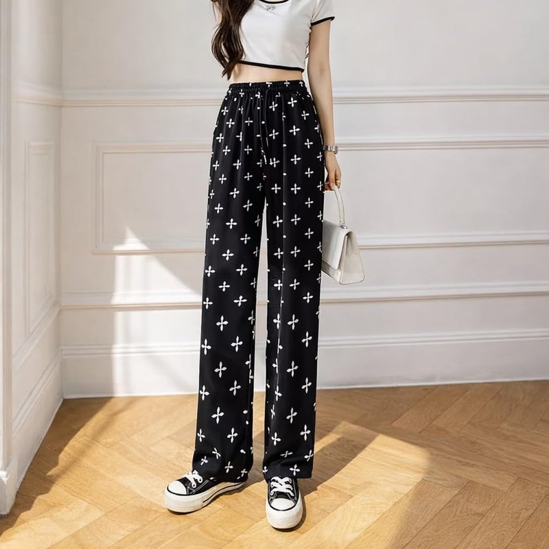 Celary Korean Women Printed Wide Leg Palazzo Pants - Mid Waist Elastic Casual Trousers - Image 5