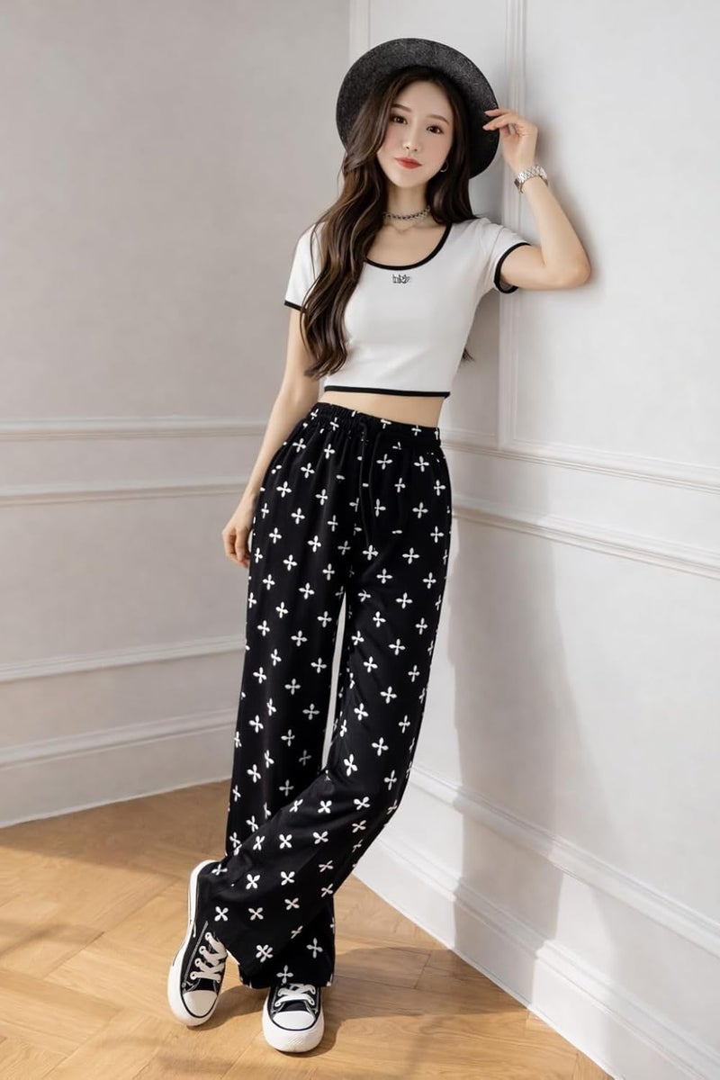 Celary Korean Women Printed Wide Leg Palazzo Pants - Mid Waist Elastic Casual Trousers - Image 3