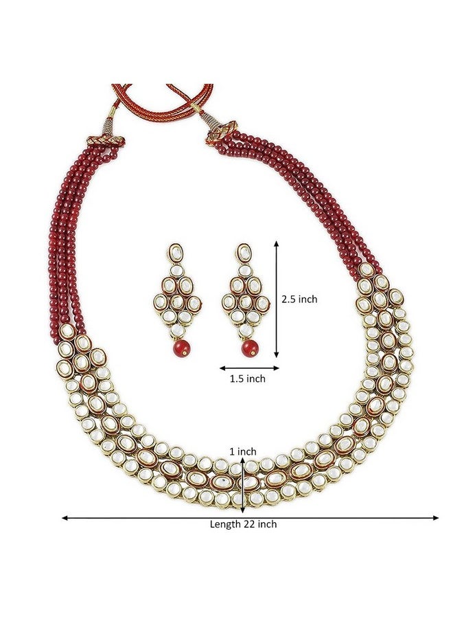 Aheli - Indian Ethnic Kundan Beaded Necklace Earrings Set Ethnic Traditional Wedding Wear Fashion Jewelry For Women Maroon - Image 1