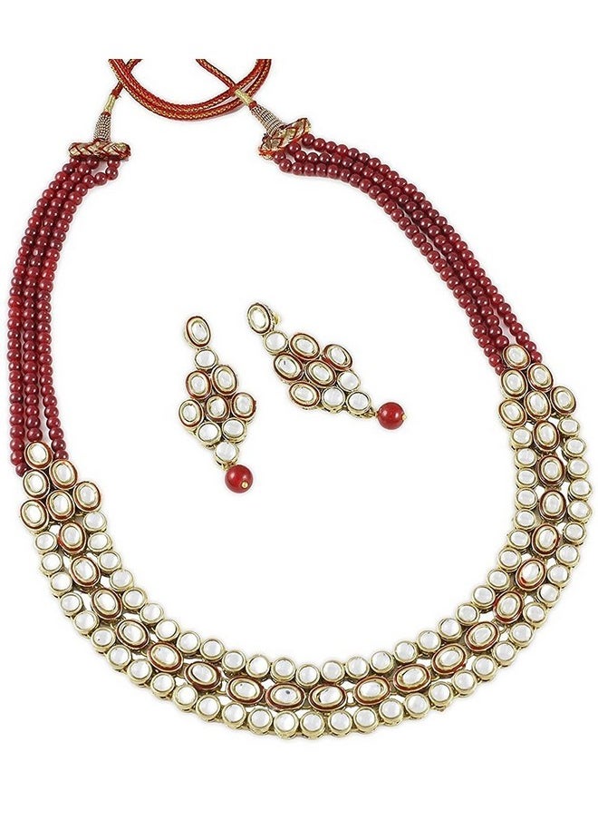 Aheli - Indian Ethnic Kundan Beaded Necklace Earrings Set Ethnic Traditional Wedding Wear Fashion Jewelry For Women Maroon - Image 1