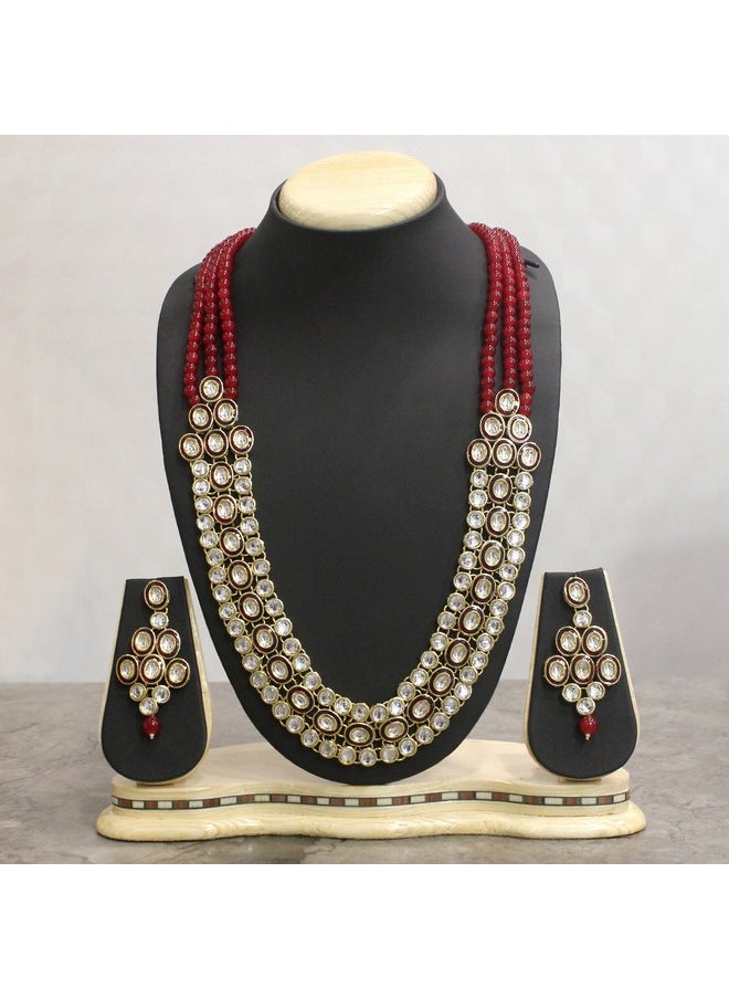 Aheli - Indian Ethnic Kundan Beaded Necklace Earrings Set Ethnic Traditional Wedding Wear Fashion Jewelry For Women Maroon - Image 1