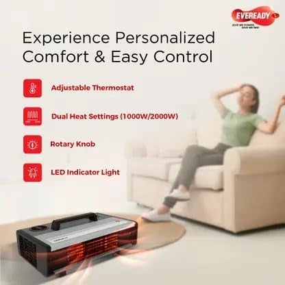 Eveready Thermaflo Convector 2000W 2UP Room Heater with Adjustable Thermostat, Dual Heat Settings, Fast Heating & Thermal Cut-Off Protection for Home & Office - Image 2