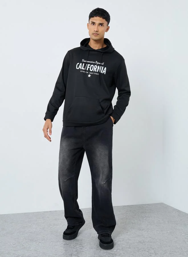 Take Two Take Two Men Black Graphic Print Hoodie with Front Pocket