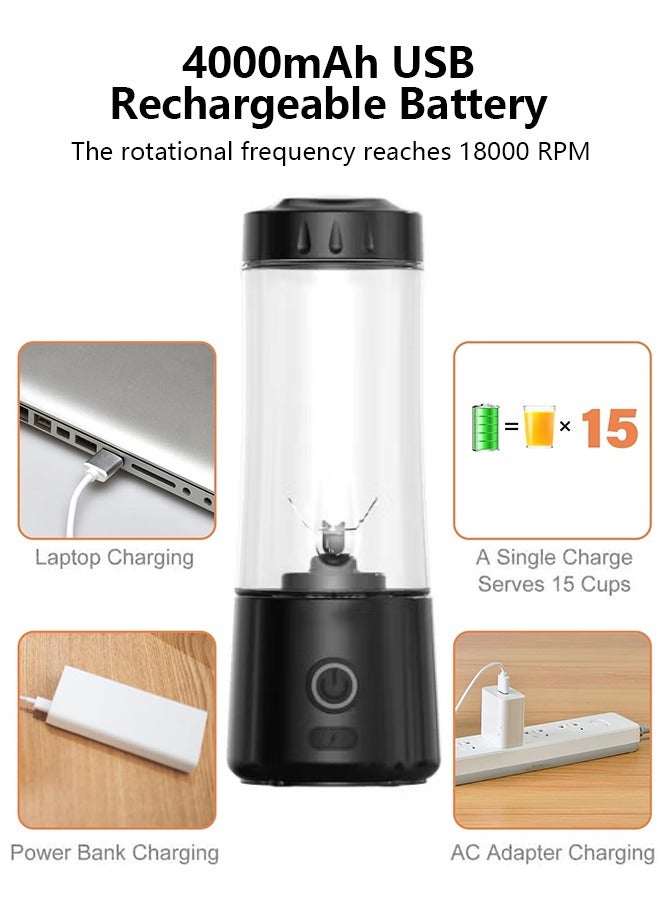 أسيف عصارة محمولة، ترقية البطارية لمدى طويل 2000 مللي أمبير * 2 - خلاط صغير بست شفرات، مناسب لصنع العصائر المثلجة، والشيك، وطعام الأطفال، ضروري للسفر / صالة الألعاب الرياضية (أسود كلاسيكي 400 مل) - Image 4