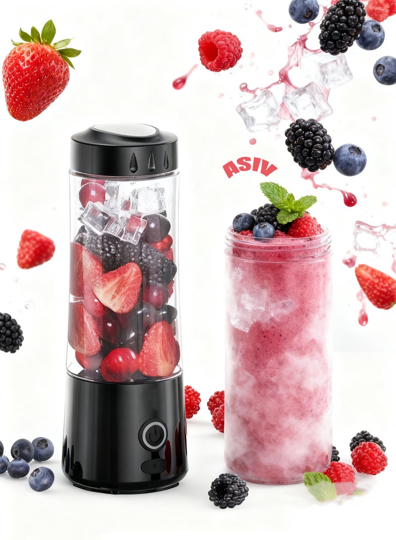 أسيف عصارة محمولة، ترقية البطارية لمدى طويل 2000 مللي أمبير * 2 - خلاط صغير بست شفرات، مناسب لصنع العصائر المثلجة، والشيك، وطعام الأطفال، ضروري للسفر / صالة الألعاب الرياضية (أسود كلاسيكي 400 مل) - Image 1