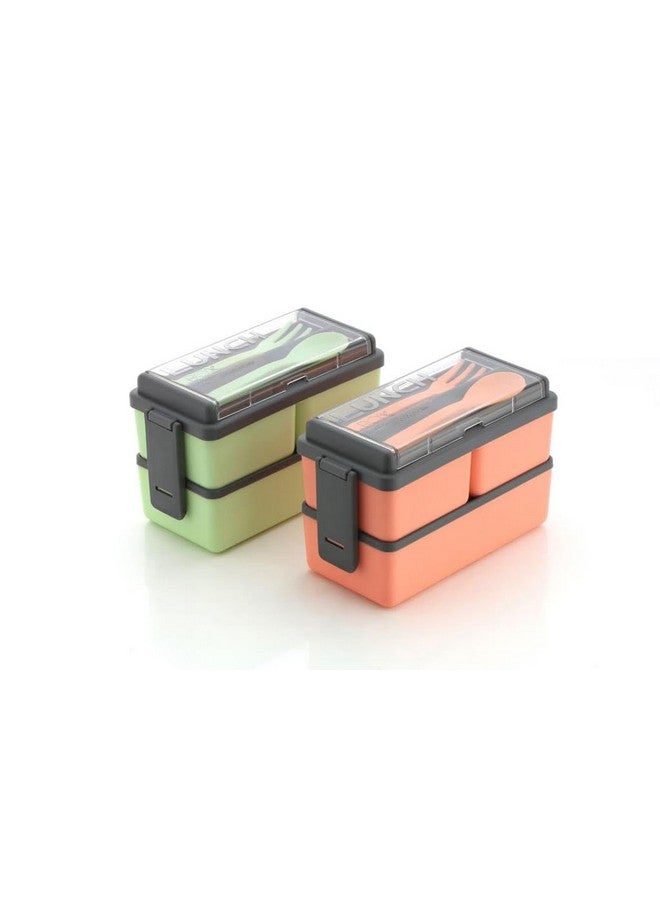 Attro Double Decker Plastic Lunch Box Comes with 3 Detachable Box, 2 Spoons & Stylish Lid BPA Free, Air Tight,Easy to Carry in Bagpack Ideal for Office, School & Oudoor-Coral Peach - Image 2