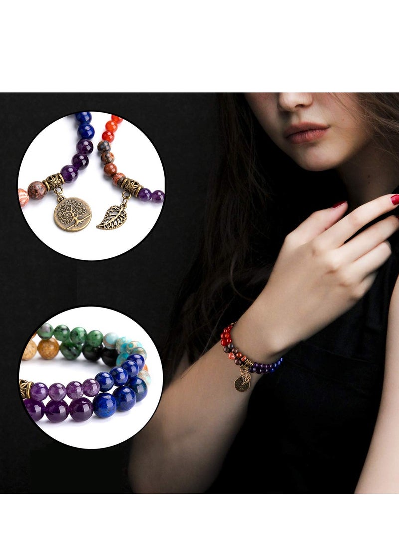 SYOSI Gemstone Beaded Bracelets for Men Women 6mm and 8mm Round Beads Bracelets Set Tree of Life and Leaf Charm Crystal Stretch Bracelets Unisex Natural Crystal Stretch Bracelets Set - Image 4