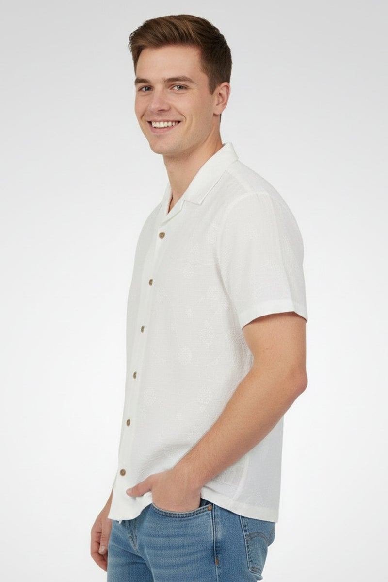 Threadbare Men Regular Fit Short Sleeve Embroidered Casual Shirt, White - Image 5