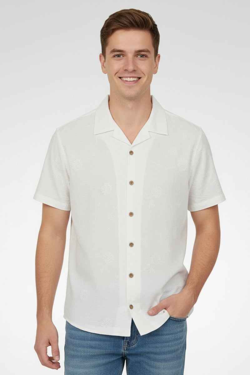 Threadbare Men Regular Fit Short Sleeve Embroidered Casual Shirt, White - Image 1