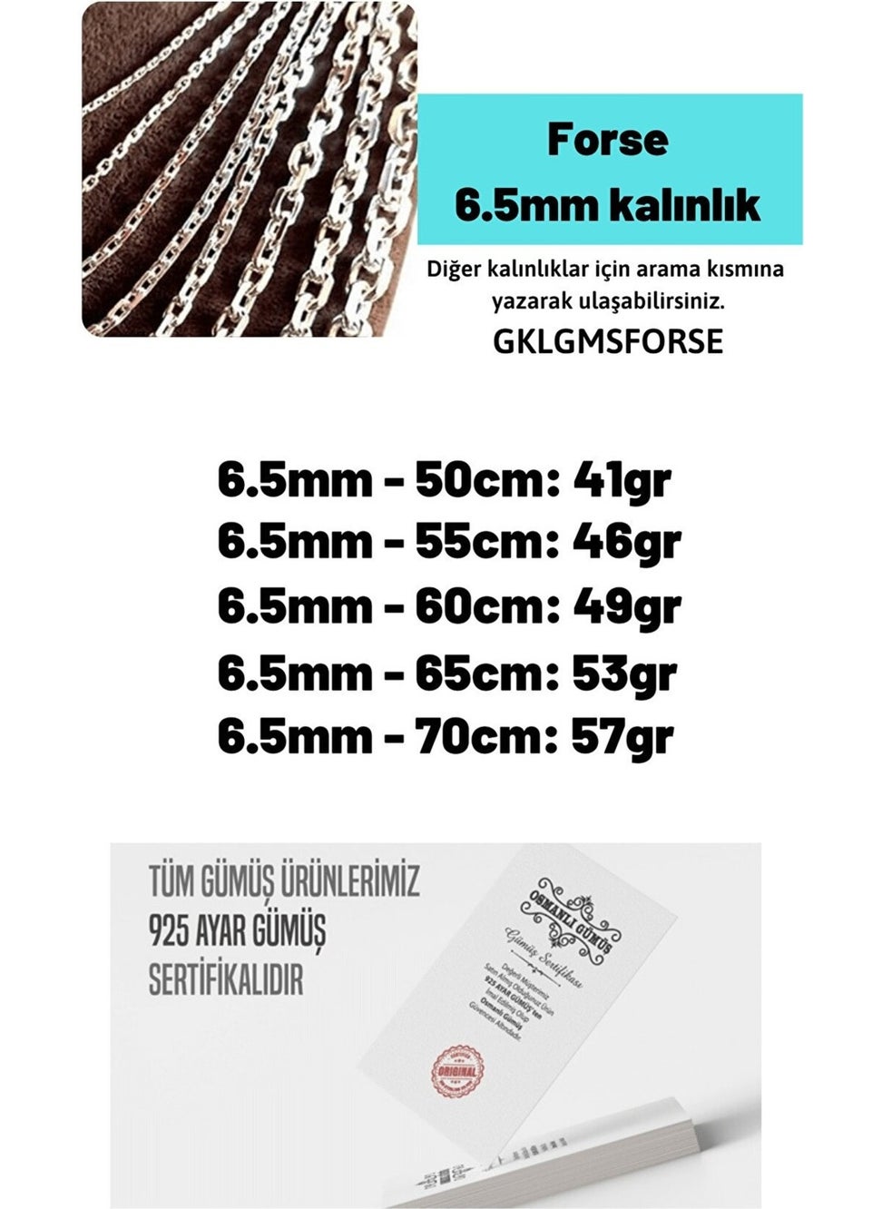 Osmanlı Gümüş - Ottoman Silver 6.5mm Silver Forse Chain Men Women Silver Necklace Chain Gklgmsforse Gklgmsforse - Image 1