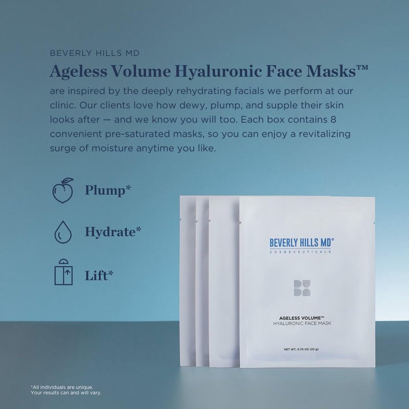 Beverly Hills MD Ageless Volume Hyaluronic Face Mask- Reduce Appearance of Wrinkles, Anti Aging Formula for Plump, Moisturized Skin- 8 Pack- Hydrating & Firming Gentle Sheet Mask - Image 2