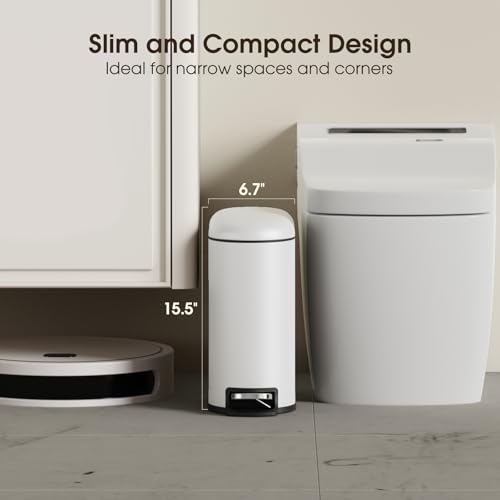 CEROELDA Small Bathroom Trash Can with Lid Soft Close, 5L/1.3 Gallon Stainless Steel Slim Garbage Can, Metal Waste Basket with Step Pedal, for Office, Bedroom, Toilet, Dorm Room (White, 1.3 Gallon) - Image 3