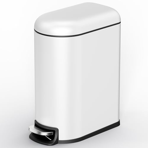 CEROELDA Small Bathroom Trash Can with Lid Soft Close, 5L/1.3 Gallon Stainless Steel Slim Garbage Can, Metal Waste Basket with Step Pedal, for Office, Bedroom, Toilet, Dorm Room (White, 1.3 Gallon) - Image 1