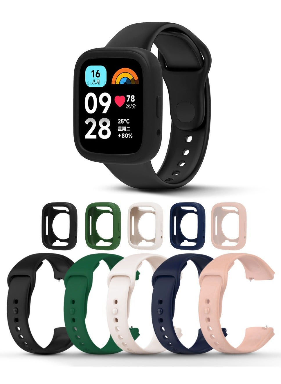 O Ozone (Pack of 5) Silicone Straps For Redmi Watch 3 Active/Redmi Watch 3 Lite Band + Watch Case for Women Men- Black/Dark Green/Dark Blue/Ivory/Pink