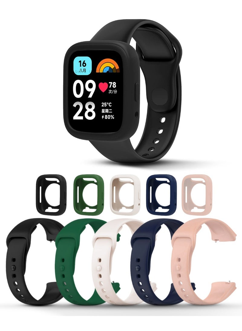 O Ozone (عبوة من 5) أشرطة سيليكون لساعة Redmi Watch 3 Active/Redmi Watch 3 Lite Band + حافظة ساعة للنساء والرجال - أسود/أخضر داكن/أزرق داكن/عاجي/وردي - Image 1