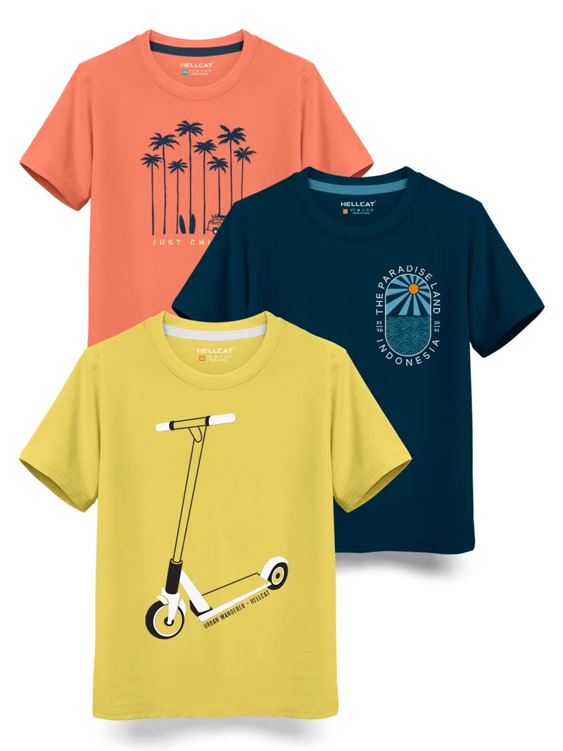 HELLCAT Trendy Typographic Printed Cotton Blend Half Sleeve Regular Fit T-Shirt for Boys - Pack of 3 / Toddler Yellow & Petrol Blue & Saffron / 3-4 Years - Image 1