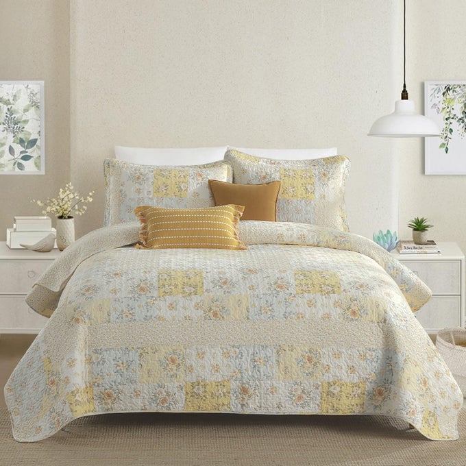 120X120 100 COTTON OVERSIZED CALIFORNIA KING BEDSPREAD COVERLET QUILT SET CAL KING QUILTED BEDSPREAD EXTRA LARGE QUILT FLORAL XL BED SPREAD LIGHTWEIGHT COMFORTER 3PC YELLOW