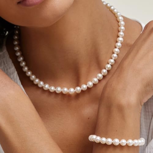 The Pearl Source 14K Gold Real Pearl Necklace for Women with AAA+ Quality Round White Freshwater Genuine Cultured Pearls (Yellow Gold, 7.0-7.5mm) - Image 2