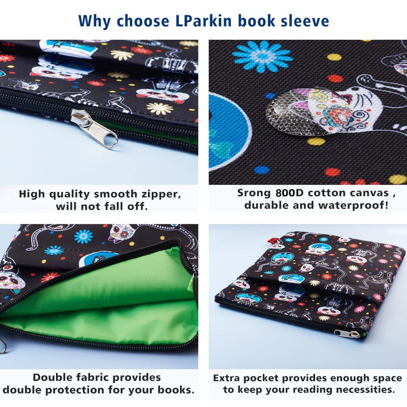 LParkin Day of The Dead Cats Book Sleeve, Dia De Los Muertos Skull Book Covers for Paperbacks Book Sleeves with Zipper 11 X 8.5 Inch - Image 3