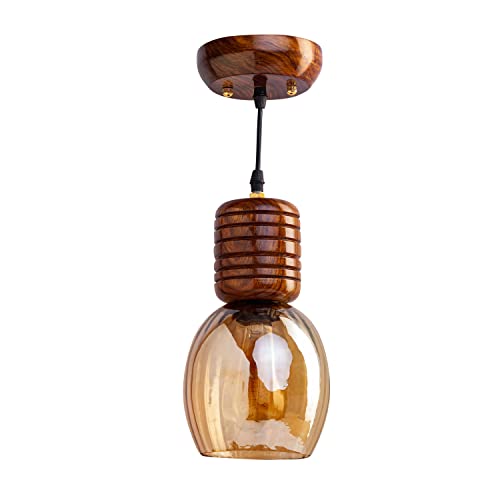 Green House Handmade Sheesham Wood Hanging Pendant Ceiling Jhumar | Home Decor Lighting | E27 Bulb Holder(Bulb not Included) | Lustre Glass | Living Room, Dining Room, Bedroom, Hallway - Image 2