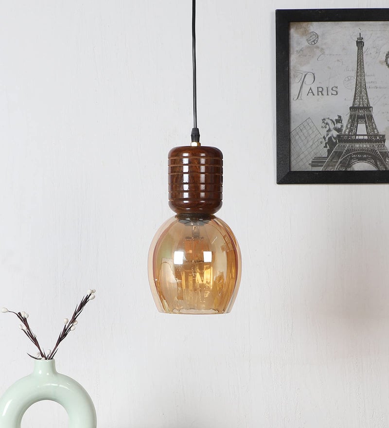Green House Handmade Sheesham Wood Hanging Pendant Ceiling Jhumar | Home Decor Lighting | E27 Bulb Holder(Bulb not Included) | Lustre Glass | Living Room, Dining Room, Bedroom, Hallway - Image 1