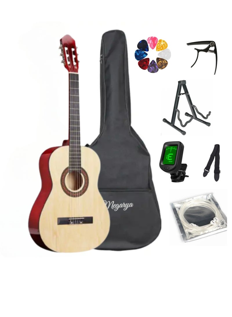 Megarya 34” Classical Guitar with Nylon Strings Acoustic Guitar with Truss Rod for Beginner Professional with Bag, Capo, Strings, Picks, Tuner and A Frame (Natural) - Image 1