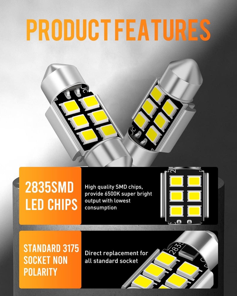 LUYED 2 X Super Bright 2835 6-EX Chipsets Error Free 1.25 inches DE3175 DE3021 DE3022 3175 LED Bulbs Used For Dome light,Xenon White - Image 2