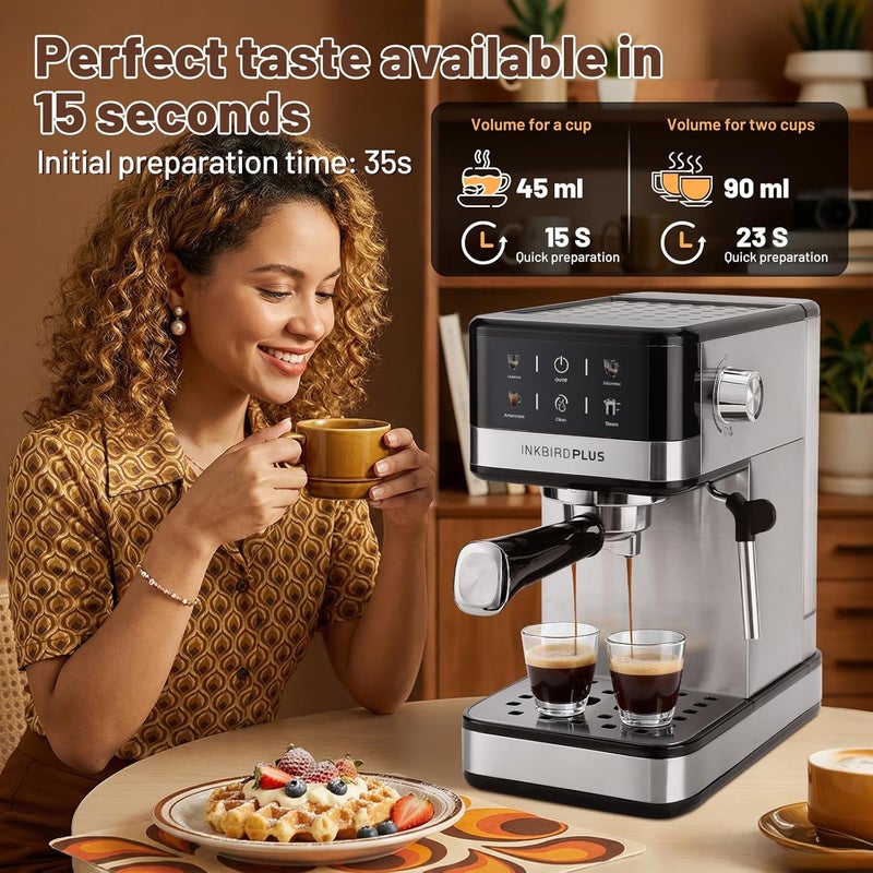 INKBIRDPLUS Espresso Machine 20Bar, Compact 4-Cup Coffee Maker, Semi-Automatic Coffee Brewer with Milk Frother Steam Wand & NTC Temperature Control for Making Shots, Cappuccinos, Lattes & Americanos - Image 4