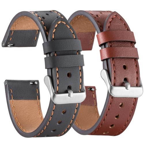 Snowoxen Galaxy Watch 5 Bands 2 Packs, Compatible with Samsung Galaxy Watch 5 Pro 45mm/ 5 40mm/ 5 44mm Band, 20mm Genuine Leather Quick Release Women Men's Watch Band (Black+Brown01) - Image 1